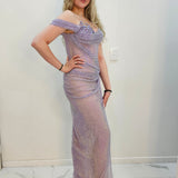 Lavender purple crystal mesh strap off the shoulder sleeve mermaid dress
