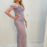Lavender purple crystal mesh strap off the shoulder sleeve mermaid dress for hire