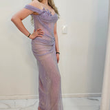 Lavender purple crystal mesh strap off the shoulder sleeve mermaid dress for hire