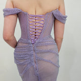 Lavender purple crystal mesh strap off the shoulder sleeve mermaid dress