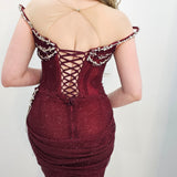 Maroon red mesh ruching top with lace up back dress with crystal silver strap details for hire