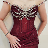 Maroon red mesh ruching top with lace up back dress with crystal silver strap details for hire