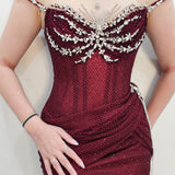 Maroon red mesh ruching top with lace up back dress with crystal silver strap details for hire