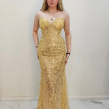 Gold beaded Basque waist open back dangling lace v neck corset top mermaid dress