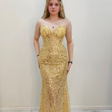 Gold beaded Basque waist open back dangling lace v neck corset top mermaid dress