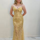 Gold beaded Basque waist open back dangling lace v neck corset top mermaid dress