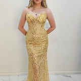 Gold beaded Basque waist open back dangling lace v neck corset top mermaid dress