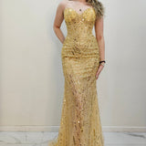 Gold beaded Basque waist open back dangling lace v neck corset top mermaid dress