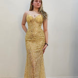 Gold beaded Basque waist open back dangling lace v neck corset top mermaid dress