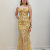 Gold beaded Basque waist open back dangling lace v neck corset top mermaid dress