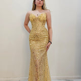 Gold beaded Basque waist open back dangling lace v neck corset top mermaid dress