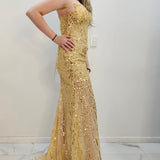 Gold beaded Basque waist open back dangling lace v neck corset top mermaid dress