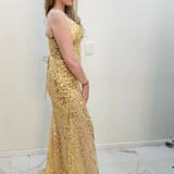 Gold beaded Basque waist open back dangling lace v neck corset top mermaid dress