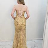 Gold beaded Basque waist open back dangling lace v neck corset top mermaid dress