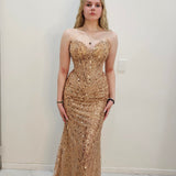 Rose gold beaded Basque waist open back dangling lace v neck corset top mermaid dress
