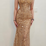 Rose gold beaded Basque waist open back dangling lace v neck corset top mermaid dress