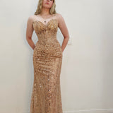 Rose gold beaded Basque waist open back dangling lace v neck corset top mermaid dress