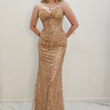 Rose gold beaded Basque waist open back dangling lace v neck corset top mermaid dress