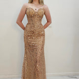 Rose gold beaded Basque waist open back dangling lace v neck corset top mermaid dress