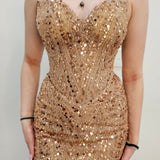 Rose gold beaded Basque waist open back dangling lace v neck corset top mermaid dress
