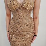 Rose gold beaded Basque waist open back dangling lace v neck corset top mermaid dress