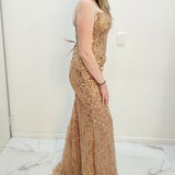 Rose gold beaded Basque waist open back dangling lace v neck corset top mermaid dress