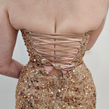 Rose gold beaded Basque waist open back dangling lace v neck corset top mermaid dress