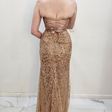 Rose gold beaded Basque waist open back dangling lace v neck corset top mermaid dress