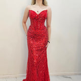 Bright Red beaded Basque waist open back dangling lace v neck corset top mermaid dress