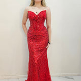Bright Red beaded Basque waist open back dangling lace v neck corset top mermaid dress