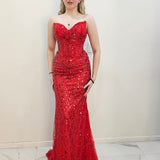 Bright Red beaded Basque waist open back dangling lace v neck corset top mermaid dress