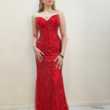 Bright Red beaded Basque waist open back dangling lace v neck corset top mermaid dress