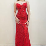 Bright Red beaded Basque waist open back dangling lace v neck corset top mermaid dress