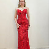 Bright Red beaded Basque waist open back dangling lace v neck corset top mermaid dress