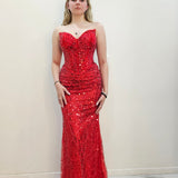 Bright Red beaded Basque waist open back dangling lace v neck corset top mermaid dress