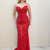 Bright Red beaded Basque waist open back dangling lace v neck corset top mermaid dress