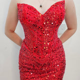 Bright Red beaded Basque waist open back dangling lace v neck corset top mermaid dress