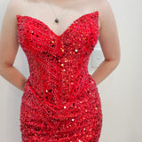 Bright Red beaded Basque waist open back dangling lace v neck corset top mermaid dress