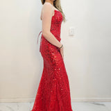 Bright Red beaded Basque waist open back dangling lace v neck corset top mermaid dress