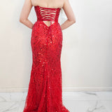 Bright Red beaded Basque waist open back dangling lace v neck corset top mermaid dress