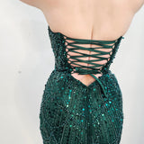 Dark Green beaded Basque waist open back dangling lace v neck corset short dress