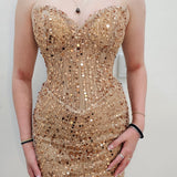 Rose gold beaded Basque waist open back dangling lace v neck corset top mini dress