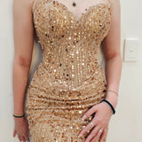 Rose gold beaded Basque waist open back dangling lace v neck corset top mini dress