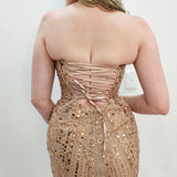 Rose gold beaded Basque waist open back dangling lace v neck corset top mini dress