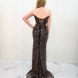 Black and gold beaded wavy neck strapless corset dres