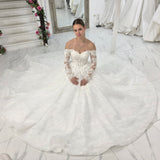 romantic lace ballgown wedding dress featuring off-shoulder sleeves, exposed boning, and timeless elegance