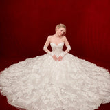 ballgown wedding dress with floral lace and detachable romantic sleeves.