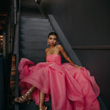 Hot Pink Organza ruffled dress with lace up back