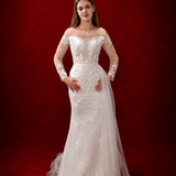 mermaid elegance with floral tulle sleeves and graceful draped details.