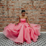 Hot Pink Organza ruffled dress with lace up back